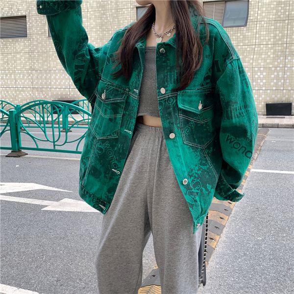 

women's jackets vintage tie-dye green cargo denim jacket women autumn turn-down collar casual jean coat female streetwear harajuku loos, Black;brown