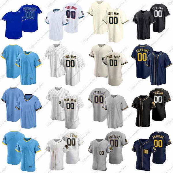 

2023 custom yelich baseball jerseys wiemer turang cain burnes wilson caratini contreras adames anderson brosseau miller tellez voit perkins, Blue;black