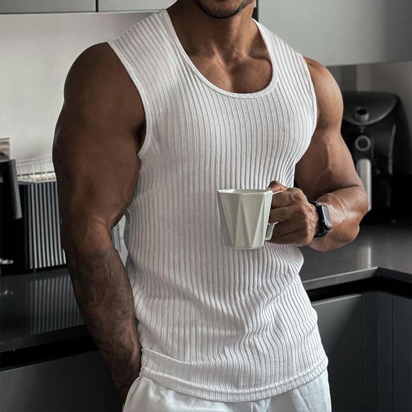 

men' tank summer clothing gym solid u neck sleeveless tees sports fitness bodybuilding t shirts muscle training 230427, White;black