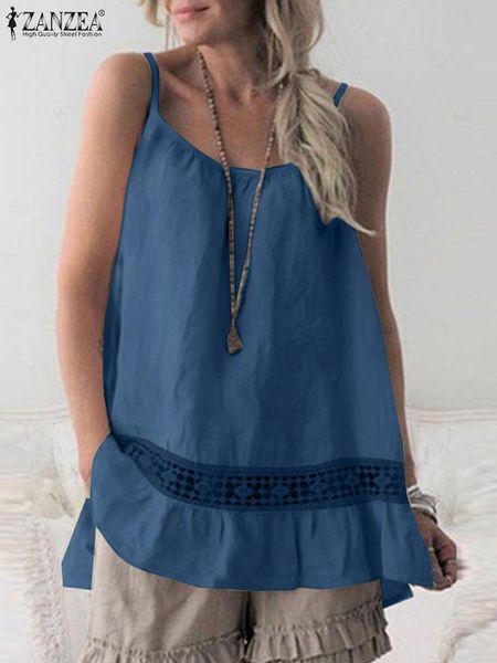 

t-shirt summer tanks 2022 zanzea fashion women stylish lace crochet straps hollow out blouse casual beach shirt cotton camis blusas, White