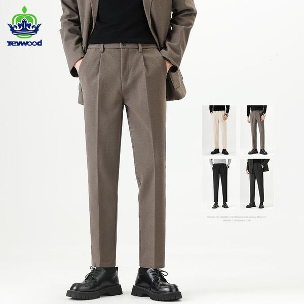 

pants autumn winter suit pants men business elastic waist classic brown brushed stretch slim korean version thick formal trousers male, Black