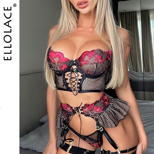 

set pakaian dalam bra transparan balutan seksi lingerie erotis ellolace untuk seks ruffle garter fantasi thongs 3-piece intim mewah 230427, Red;black