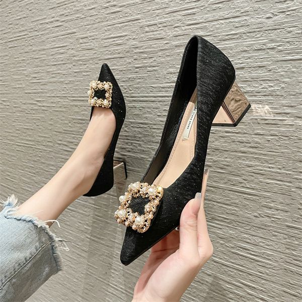 

thin high heels cat heel suede shallow pointed toe rhinestone high heel party shoes, Black