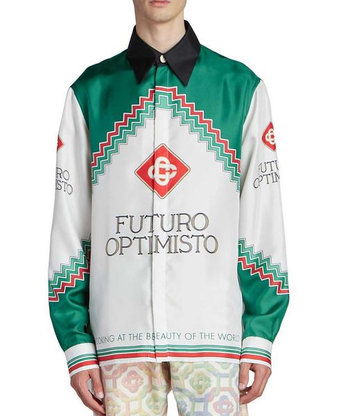 

casablanca designer fashion classic men and women silk casual shirt white green splice couple hawaiian long sleeve, White;black