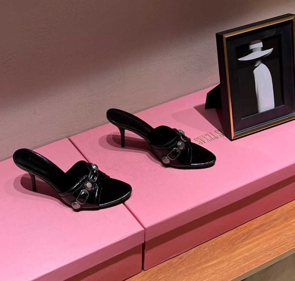 

cagole lambskin leather mules sandals stud buckle embellished shoes rounded slip on open toes stiletto heel womensl uxuryd esignerss hoef or, Black