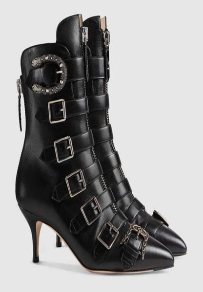 

satin flower cowskin leather 7cm high heels metal pillage pointed toes shoes gladiator motorcycle ankle boots buckle8555633, Black