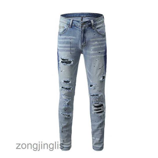 

jeans 2023 pierced jeans fashion blue brand mens light jeans designer jean single men's fitted stretch tight-fitting jeans street style