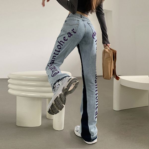 

women's jeans european spring autumn denim back letters embroidery thin loose highwaisted straight pant fashion streetwear 230427, Blue