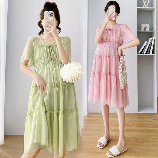 

maternity dresses maternity dress summer chiffon short sleeve a line loose clothes for pregnant women sweet slim waist pregnancy clothing co, White