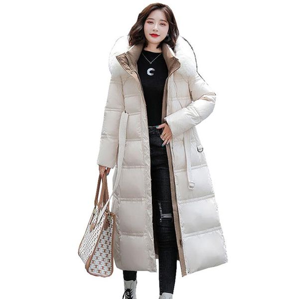 

parkas 90% white duck down thick warmth elegant hooded fur collar large size loose female coat 2022 new women winter down jacket ok1156, Black