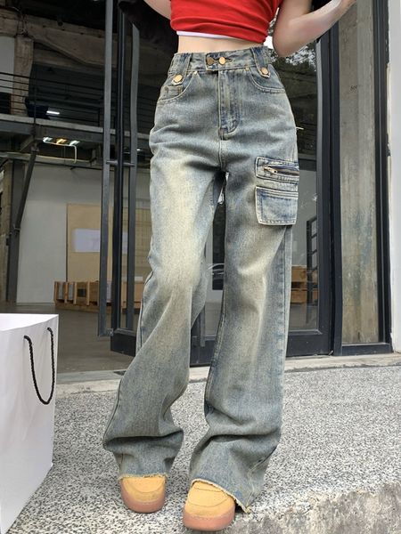 

women's jeans korean vintage y2k baggy trouser casual pure color denim office lady high waist straight pants fashion summer 2023 230427, Blue