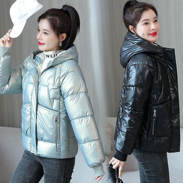 

leather winter jacket women parkas 2022 new hooded female jackets loose casual short glossy cotton padded warm parka outwear lady top, Black