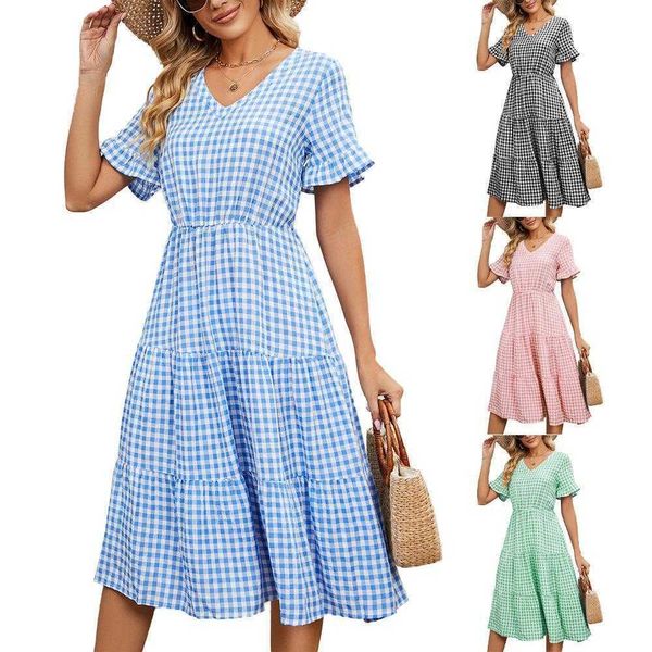 

pleated smocking lace up dress short sleeve square collar long plaid, Black;gray