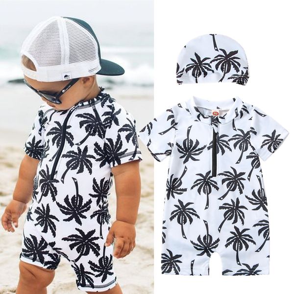 

onepieces born baby infant boys swimsuit with hat cartoon tree print short sleeve round neck half zipper jumpsuit bathing suit 230427, Black