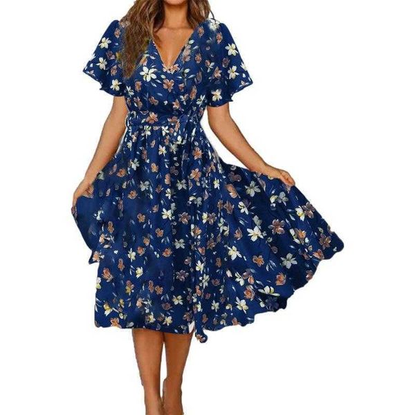

summer womens v neck dresses short sleeve printed waist controlled dress for, Black;gray