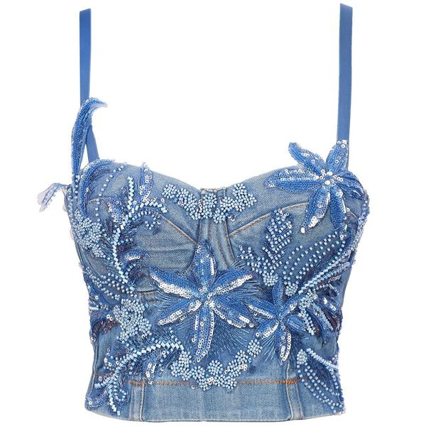 

t-shirt 2022 women denim bustier bra corset beading sequined flowers korean style kawaii camisole crop nightwears costumes, White
