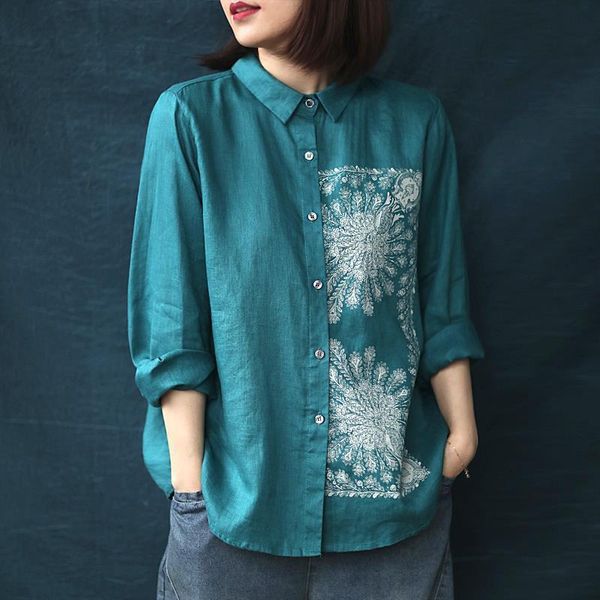 

women's blouses shirts spring blouse women vintage cotton linen printed embroidery button shirt long sleeve blouse femme women blouses, White