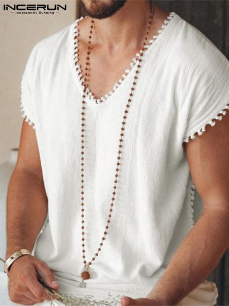 

men s t shirts incerun atasan 2023 kasual pas pria baru liburan jahitan camiseta sederhana semua pertandingan v neck rumbai anyaman tee s 5x, White;black