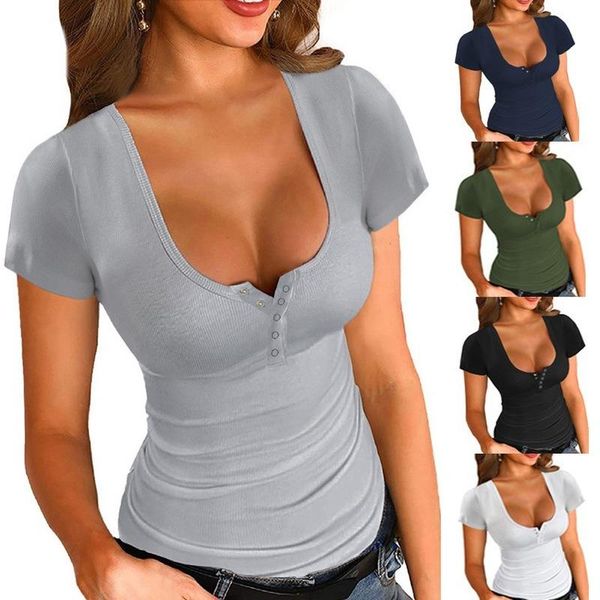 

t-shirt white ribbed t shirt women 2022 summer front button oneck short sleeve solid slim fit tshirt ladies casual black tight top