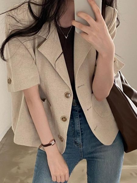 

pants korean chic short sleeve jacket ladies blazer summer simple temperament suit collar short loose casual tweed jackets women, White