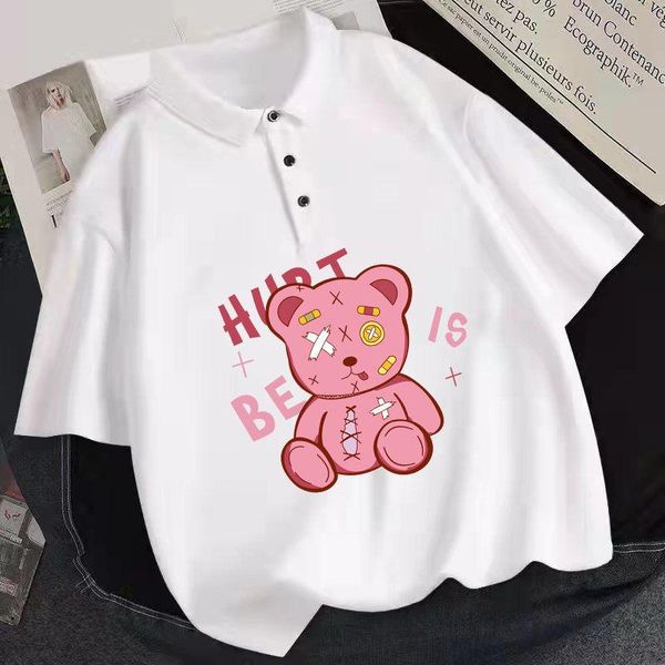 

polos 2022 summer polo shirts female harajuku y2k clothes loose casual kawaii anime beaten bear print short sleeved shirt women, White
