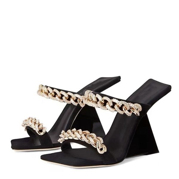 

2023 spring new dress party wedding shoes womens slippers high heels metal chain shaped heel sandals designer shoe size 43, Black