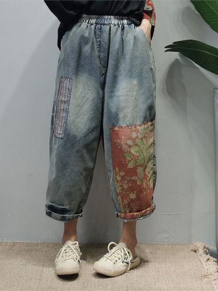 

jeans women jeans 2022 new summer loose casual retro denim pants ladies elastic waist pocket patchwork vintage trousers, Blue
