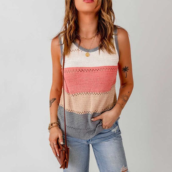 

contrast color shiying tank summer new v-neck stripe sleeveless loose women, White