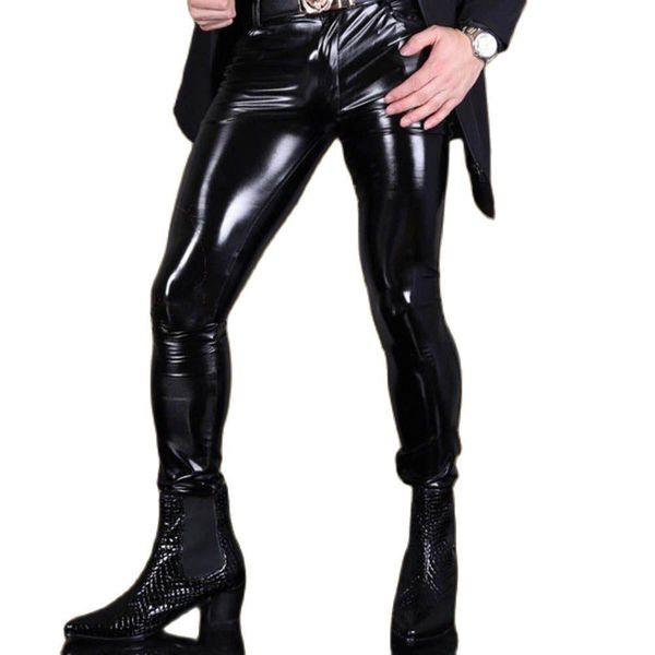 

pants men pu leather pants punk style highlight stage bag legs leggings small feet fashionable cool male faux leather pencil trousers, Black
