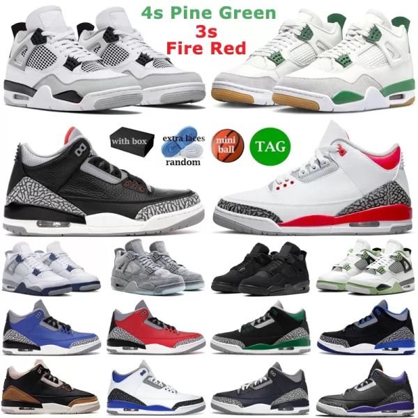 

3s 4s with box basketball shoes men jumpman fire red racer blue cool grey 4 midnight navy military black seafoam pine green black cat kaws t