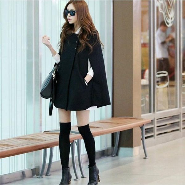 

raincoats 2022 spring women's fashion winter single breasted poncho jacket solid color loose cape jacket plus size, Black