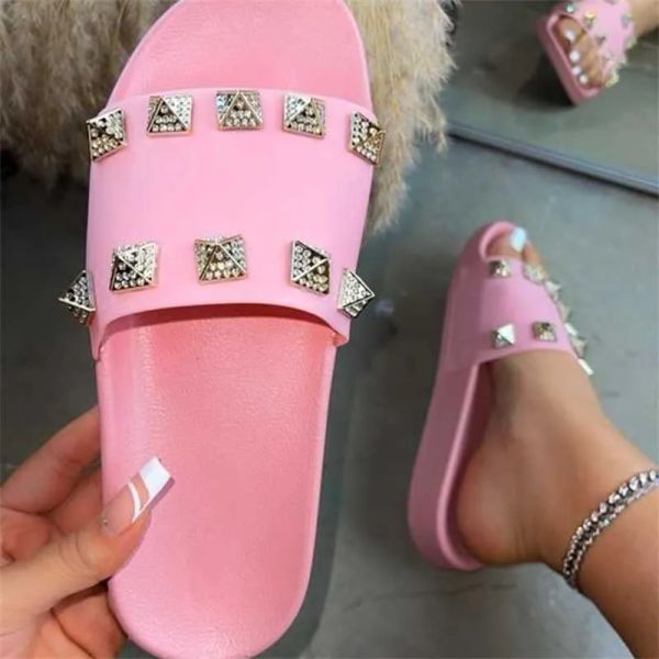 

street fashion home shoes womens slippers 2023 new fish mouth open toe slides rivet flat bottom sandals solid colo dat, Black;red