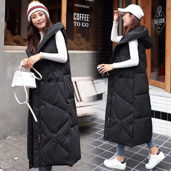

vests 2021 new xlong hooded vests parkas fashion winter jacket women casual thick down cotton winter coat women warm waistcoat, Black;white
