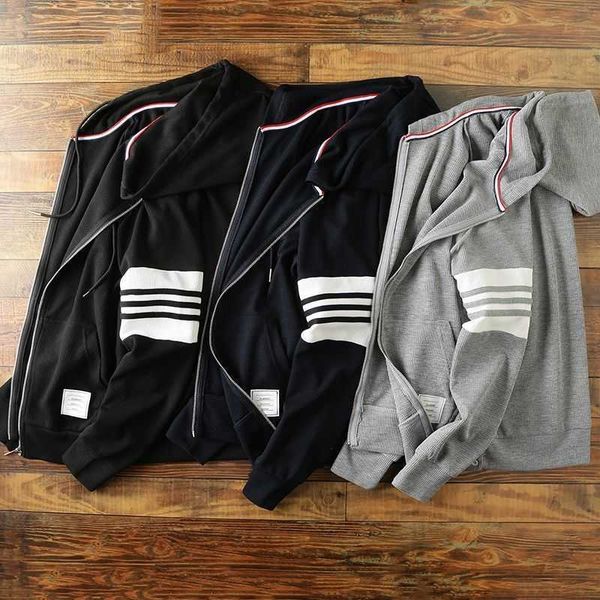 

classic tb style waffle sports cardigan autumn men's trend versatile four bar hooded zipper sweater coat, Black