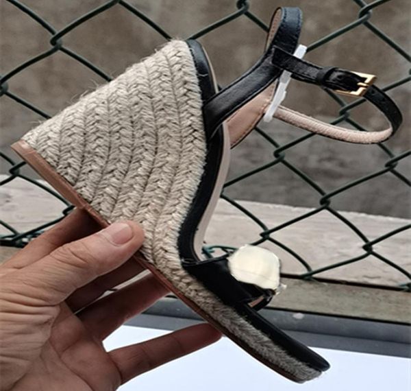 

women straw shoes big size women wedge sandals open toe gold color wedge shoes fashion buckle sandal straw bottom pumps lady9297700, Black
