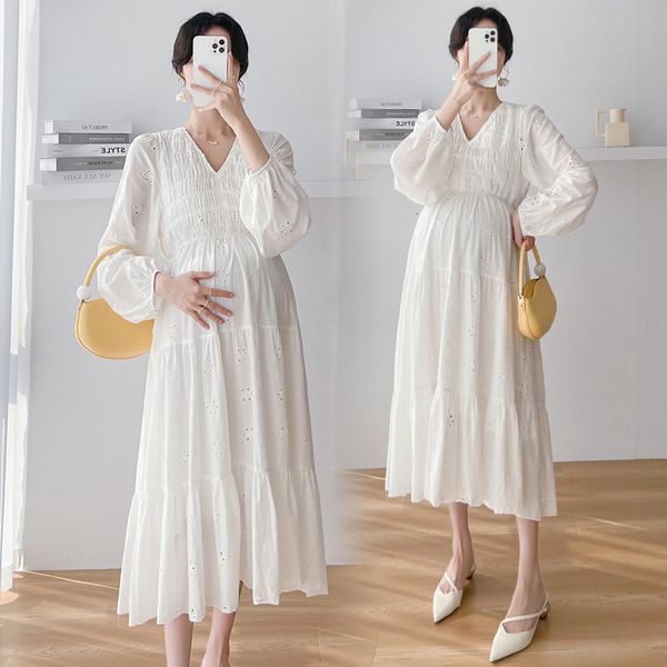 

maternity dresses maternity wear clothing solid color hollow dress spring summer loose before pregnancy after pregnancy all-match sweet dres, White