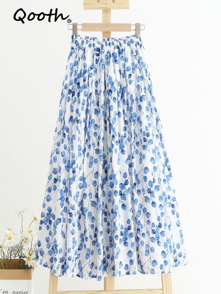 

skirts qooth spring summer women high-waisted blue floral printed skirts cotton linen casual midi skirt qt1716 230428, Black