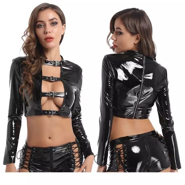 

pvc bright patent leather suit set open-breasted jacket with shorts, Black;white
