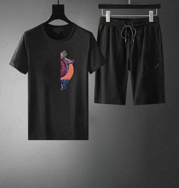 

black summer mens t-shirts shorts sets leisure luxury classic koi three-dimensional pattern printing design cotton crew neck short sleeve sp, Gray