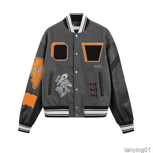 

fashion designer skull decal baseball jacket wool tweed splicing leather sleeve coats embroidery womens hip hop style winter jacketsrt2d, Black;brown