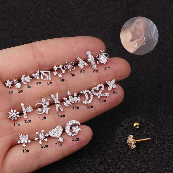 

korean style new 16g thick stem ear bone nail stainless steel double-sided screw back mini female cubic zircon piercing earrings studs white, Golden;silver