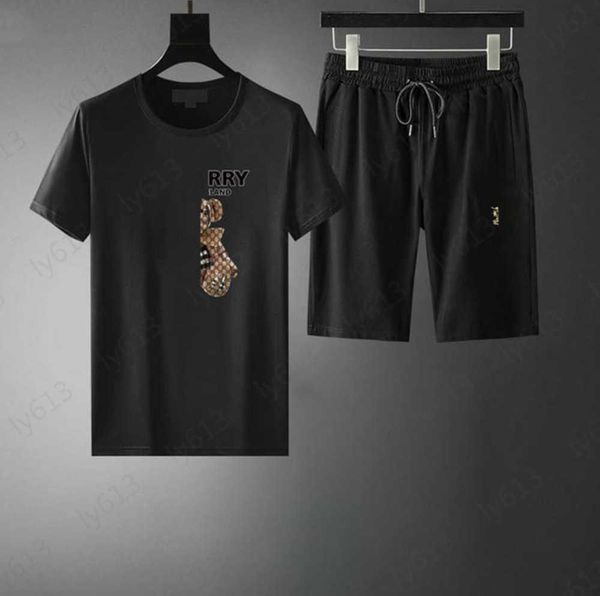 

fashion summer mens clothes sets classic plaid three-dimensional brand bear print design cotton round neck casual t-shirt shorts two-piece s, Gray