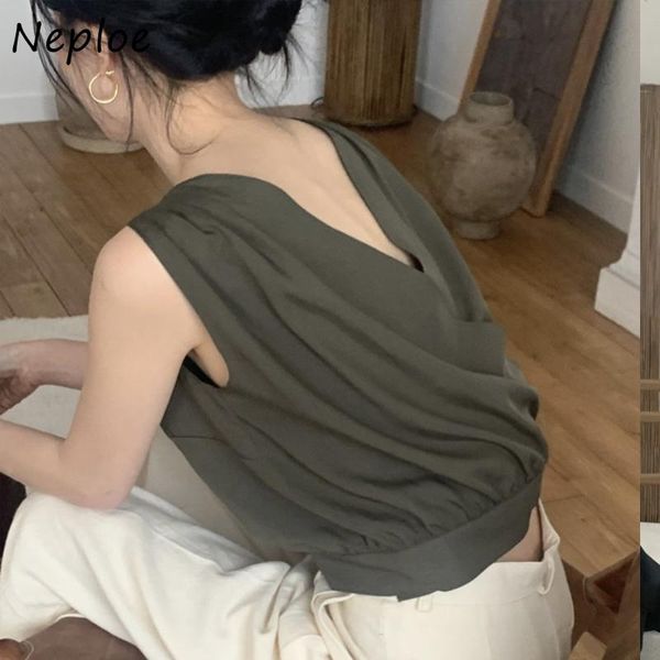 

tanks neploe v neck solid color sleeveless tank 2022 korean office lady elegant camis backless crisscross design sense vest, Black;white