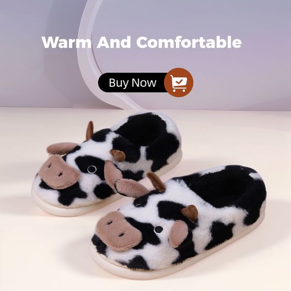 

slipper plush leopard print cow cotton slippers, non-slip warm cute cartoon slippers tap shoes indoor antiskid household cottons shoes 2024, White