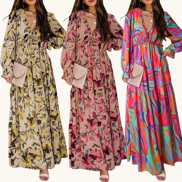 

womens floral dress wholesale summer deep v neck flounce puff sleeve, Black;gray