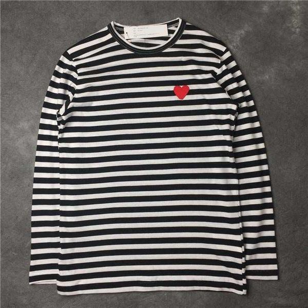 

men's t-shirts european american and japanese women black stripe red heart embroidered cotton t-shirt autumn round neck female pure lon, White;black