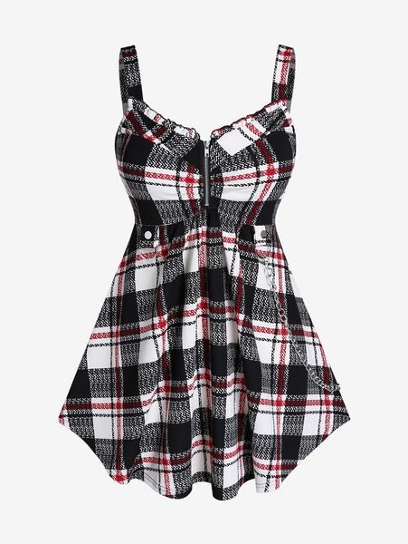 

tanks rosegal 2022 summer women tanks fashion sweetheart neck plaid zippered chains a line skirted sleeveless cami vest, Black;white