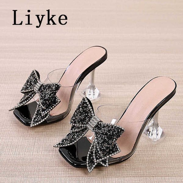 

sandals liyke fashion crystal sequined bowknot women slippers sandals strange style clear heels open toe pvc transparent shoes size 46 j2304, Black