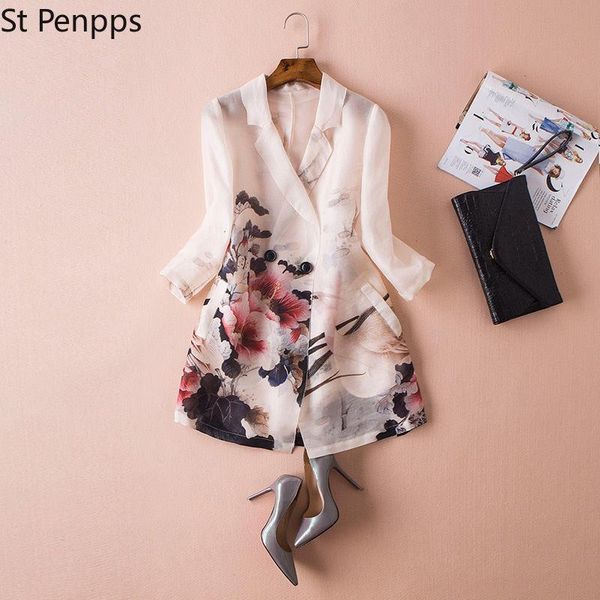 

pants vintage printed pink women blazers summer new design 2022 long pocket halfsleeved elegant office lady thin outwear coats, White