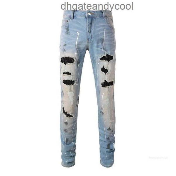 

fit 2023 denim jeans designer pants patch man fall drilled hole washed slim fashion brand elastic a7b7, Blue